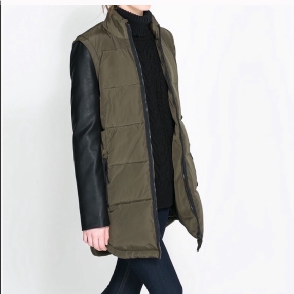 Zara Jackets & Blazers - Zara Olive Green Puffer W/Faux Leather Sleeves